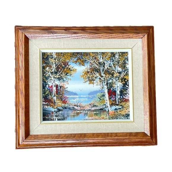 VINTAGE Oil on Canvas Painting Autumn Lake Scene Signed by Artist - Picture 4 of 12